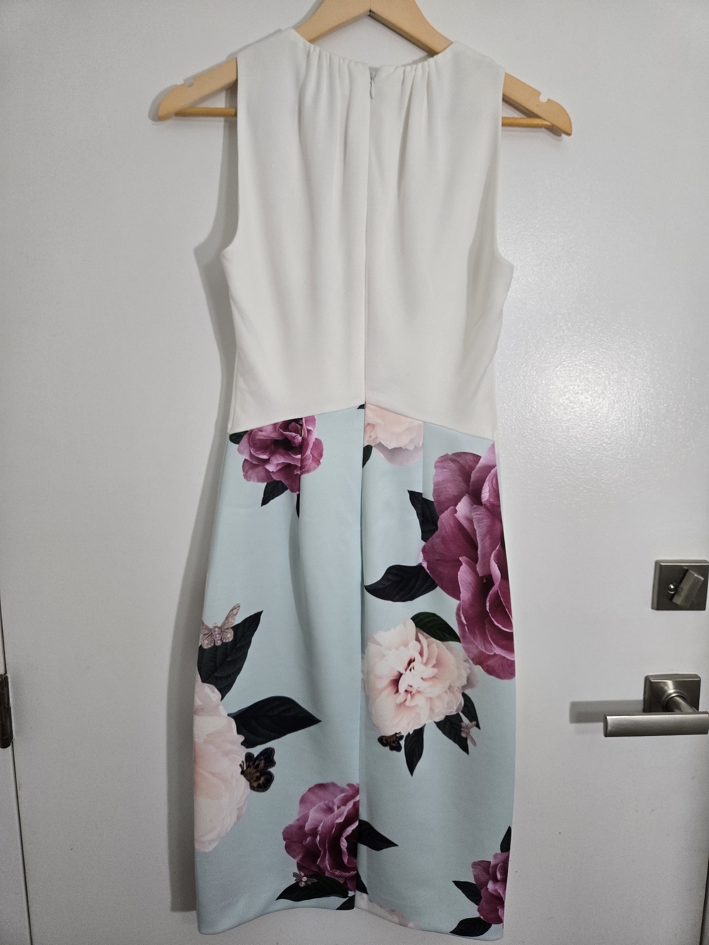 Ted Baker Cream and Light Blue Midi Dress with Pink Floral Print - Picture 3 of 10